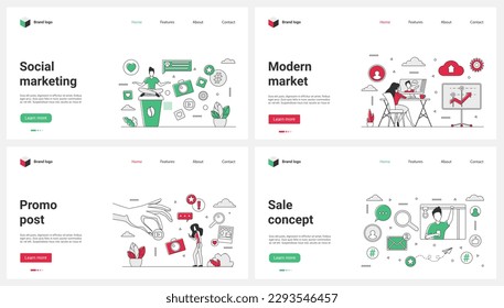 Social media marketing, modern sales market and promo blog posts set vector illustration. Cartoon hand giving video icon to tiny customer, blogger advertising online service on computer screen