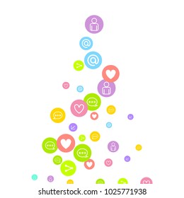 Social media marketing, networking concept. Random Color icons with social media services tags on white background. Comment, friend, like, share, mail, target, message. Vector Internet concept.