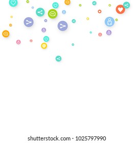 Social media marketing, networking concept. Random Color icons with social media services tags on white background. Comment, friend, like, share, mail, target, message. Vector Internet concept.