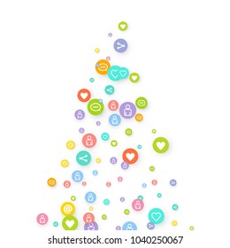 Social media marketing, networking concept. Random Color icons with social media services tags on white background. Comment, friend, like, share, mail, target, message. Vector Internet concept.