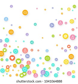 Social media marketing, networking concept. Random Color icons with social media services tags on white background. Comment, friend, like, share, mail, target, message. Vector Internet concept.