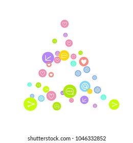 Social media marketing, networking concept. Random Color icons with social media services tags on white background. Comment, friend, like, share, mail, target, message. Vector Internet concept.