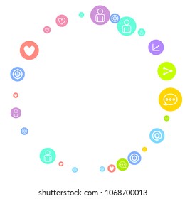 Social media marketing, networking concept. Random Color icons with social media services tags on white background. Comment, friend, like, share, mail, target, message. Vector Internet concept.