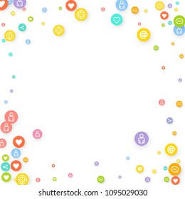 Social media marketing, networking concept. Random Color icons with social media services tags on white background. Comment, friend, like, share, mail, target, message. Vector Internet concept.