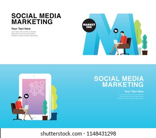 Social Media Marketing - The New And Modern Minimalist Trends. . Can Use For Web, Mobile, Landing Page, Infographics, Editorial, Commercial Use And Others. Vector.