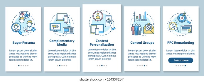 Social Media Marketing Onboarding Mobile App Page Screen With Concepts. Buyer Persona, Complementary Media Walkthrough 5 Steps Graphic Instructions. UI Vector Template With RGB Color Illustrations