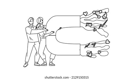 Social Media Marketing Online Business Black Line Pencil Drawing Vector. Man And Woman With Magnet Doing Social Media Marketing In Internet. Characters Managers Smm Professional Occupation