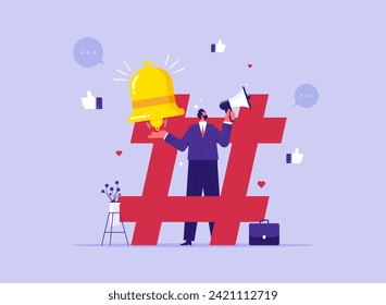 Social media marketing or online digital advertising campaign concept, hashtag followers or social strategy, businessman building hashtag on Social Media