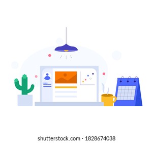 social media marketing online illustration. freelance set up. browsing on laptop