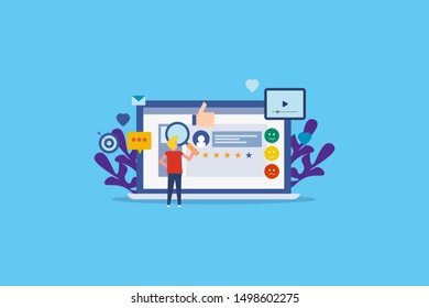 Social media marketing, online reputation management, Business reputation on social media - flat design vector illustration with icons