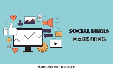 Social media marketing pattern of various elements - video, likes, followers, content. Flat vector illustration