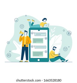 Social media marketing. People using gadgets, chatting online, shouting at megaphone flat vector illustration. Internet, business, network concept for banner, website design or landing web page