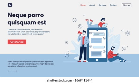 Social media marketing. People using gadgets, chatting online, shouting at megaphone flat vector illustration. Internet, business, network concept for banner, website design or landing web page