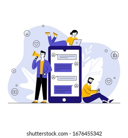 Social media marketing. People using gadgets, chatting online, shouting at megaphone flat vector illustration. Internet, business, network concept for banner, website design or landing web page