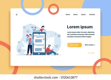 Social media marketing. People using gadgets, chatting online, shouting at megaphone flat vector illustration. Internet, business, network concept for banner, website design or landing web page