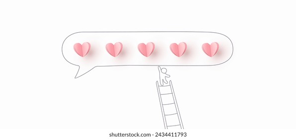Social media marketing with pink 3d paper hearts. Cartoon man giving likes to trend content. Customer response or feedback concept. Vector love postcard for Happy Mother's, Valentine's Day