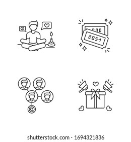 Social media marketing pixel perfect linear icons set. Lifestyle guru. Raffle tickets with numbers. Customizable thin line contour symbols. Isolated vector outline illustrations. Editable stroke