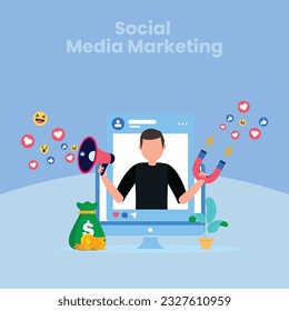 Social media Marketing platform, online social communication applications concept, Marketing, emoji, hearts, chat and chart with smartphone. Vector illustration