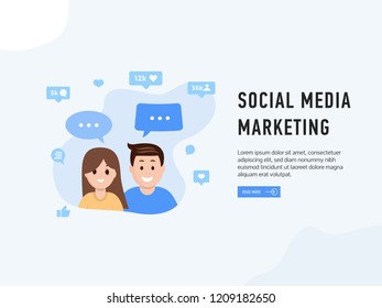 Social media marketing poster vector illustration. Web page design template with read more button for online shopping teamwork business strategy and analytics. Place for text