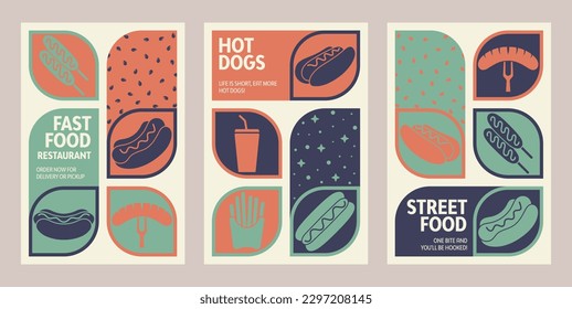 Social media marketing posters for junky fast food or hot dog's promotions. Includes logo, business icon, and abstract digital background. Ideal for online sales or restaurant promotion. vector layout