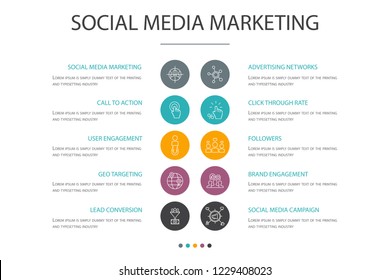 Social Media Marketing presentation template, cover layout and infographics. User Engagement, Followers, Call To Action, Lead conversion cons
