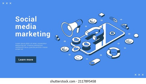 Social media marketing promo seo optimization service internet banner landing page isometric vector illustration. Cyberspace promotion campaign with smartphone advertising business strategy