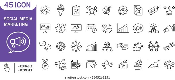 Social Media Marketing and Promotion Icon Set,Growth, Strategy, Analytics, Branding, SEO, Business, Target

