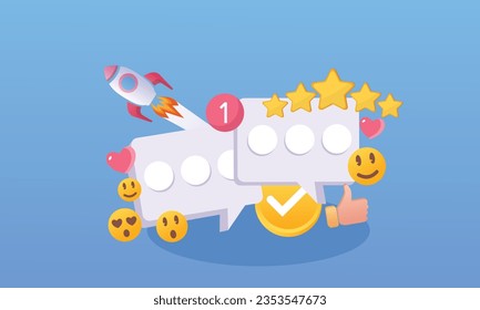 Social Media Marketing and Promotion speech bubble text with smiley emoji.on blue background.Vector Design Illustration.