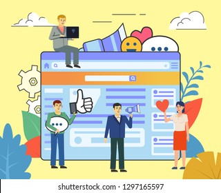 Social media marketing promotion, team, agency. People stand near big web page. Poster for social media, web page, banner, presentation. Flat design vector illustration