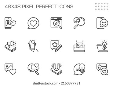 Social Media Marketing Related Vector Line Icons Set. Content Marketing, Business Activities. Editable Stroke.