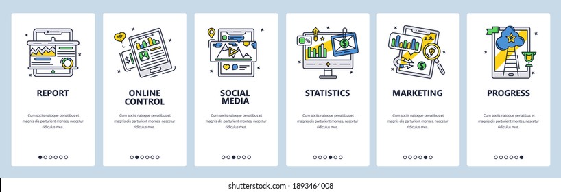 Social media marketing, report, online control and statistics. Mobile app onboarding screens. Vector banner template for website and mobile development. Web site design illustration.