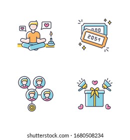 Social media marketing RGB color icons set. Lifestyle guru. Raffle tickets with numbers. Mass effect connection. Product promotion. Participate in lottery. Isolated vector illustrations