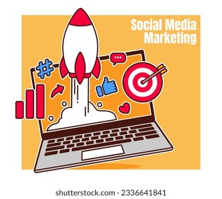 Social media marketing with Rocket boosting and laptop
