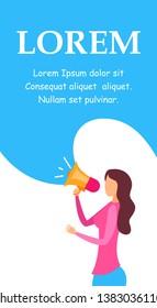 Social Media Marketing Service Brochure Template. Promotion Service Web Banner Concept. Female Marketer Holding Loudspeaker Cartoon Character. Public Announcement Flat Illustration with Text Space