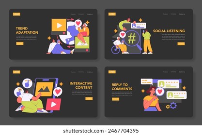 Social Media Marketing set. Strategies in digital advertising and audience engagement. Trend adaptation, social listening, interactive content, reply to comments. Vector illustration.