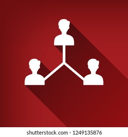 Social media marketing sign. Vector. White icon with limitless shadow at ruby red background.
