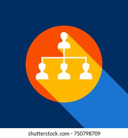 Social media marketing sign. Vector. White icon on tangelo circle with infinite shadow of light at cool black background. Selective yellow and bright navy blue are produced.
