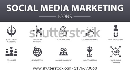 Social Media Marketing simple concept icons set. Contains such icons as User Engagement, Followers, Call To Action, Lead conversion and more, can be used for web, logo, UI/UX