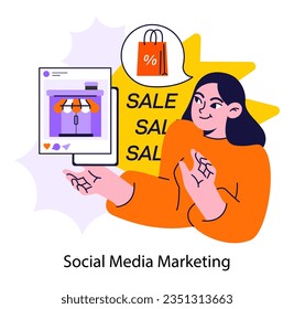 Social media marketing, SMM. Business using social media for digital promotion. Brand advertisement campaign and public relations. Flat vector illustration