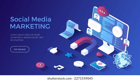 Social media marketing SMM. Marketing and communication strategy. Promotion through social networks. Magnet attracts emoticons, likes, comments. Isometric landing page. Vector web banner.