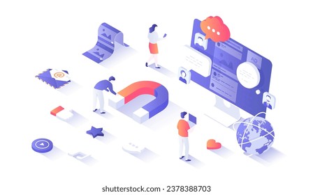 Social media marketing SMM. Marketing and communication strategy. Promotion through social networks. Magnet attracts emoticons, likes, comments. Isometry illustration with people scene for web graphic