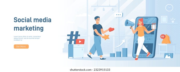 Social Media Marketing SMM concept Digital communication Advertising strategy for promoting brand, goods, services through social networks. Flat concept great for social media promotional material.
