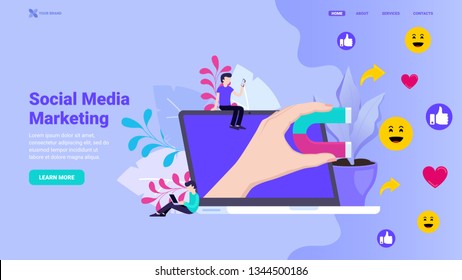 Social media marketing, smm, digital marketing, social networks promotion services web site concept. Flat vector illustration with small characters for landing page, website, hero image, banner.