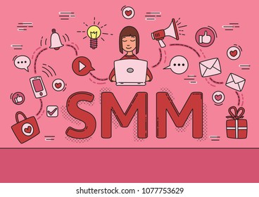Social Media Marketing SMM explained. Infographic flat vector illustration. Horizontal.