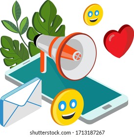 Social media marketing, SMM, Megaphone sharing advertisement messages on social media, network communication, internet advertising