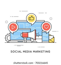 Social Media Marketing, SMM, Network Communication, Internet Advertising. Flat Line Art Style Concept. Vector Banner, Icon, Illustration. Editable Stroke.