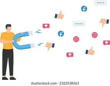 Social media marketing, SNS or social network service, influencer or online advertising, customer engagement to attract user like, Woman using magnet to draw love symbols

