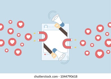 Social Media Marketing Solution - isolated on blue background. For web site,campaign,ui,ad and app. Business concept for attracting new followers and customers, vector illustration eps 10