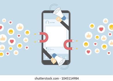 Social Media Marketing Solution - isolated on blue background. For web site,campaign,ui,ad and app. Business concept for attracting new followers and customers, vector illustration eps 10