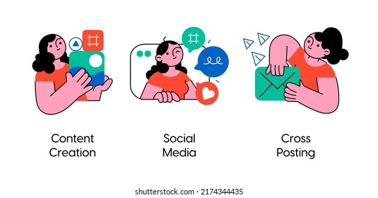 Social media marketing solutions- set of business concept illustrations. Content creation, Social media, Cross-posting. Visual stories collection